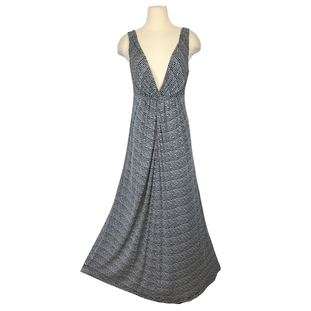 Tory Burch Silk Cotton Sleeveless Maxi Dress Navy/White Striped Plunge Neck L